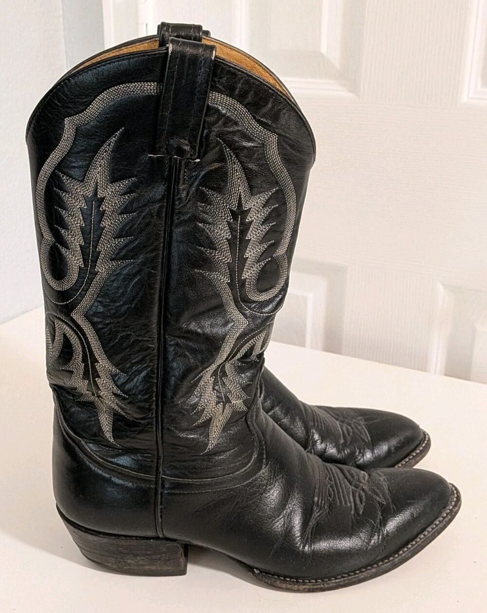 TONY LAMA Cowboy Western Boots Mens Size US 9 EE Longhorn Leather Black Discntd